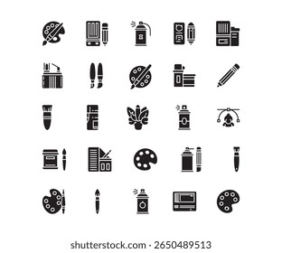 Art and Painting Supplies Icons, Black Glyph Set for Creativity and Artists	