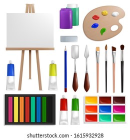 Art painting tools and accessories, vector isolated illustration. Art equipment and supplies, artist tools and materials easel with canvas, palette, painting brushes, paint tubes, pencil, watercolor.