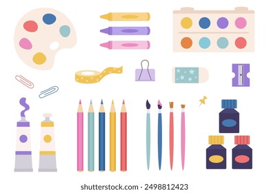 Art and painting tools, supplies. Isolated vector elements on white background. Pallete, colored pencil, paint, tubes, bottles, watercolors, crayon, tape, eraser, sharpener etc