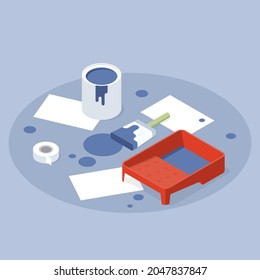Art painting tools vector isometric illustration. Interior repair paint, paper sheet, bucket, brush and roll artistic craft hobby or work. Artwork designing occupation with paintbrush. Handmade decor