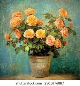 Art Painting Yellow  and Red Roses in a Vase, romantic soft color palette