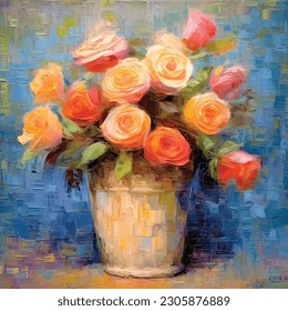 Art Painting Yellow  and Red Roses in a Vase, romantic soft color palette