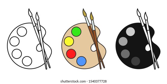 Art palete icon. Vector logo with wood artist palette and two brushes.