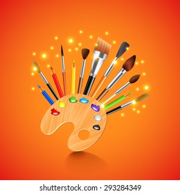 Art palette and brushes on orange background photo realistic vector