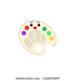 Art palette with colorful paints character with facial emotions icon. Smiling painter artist drawing tool. Creativity, education and arts symbol. Vector isolated illustration