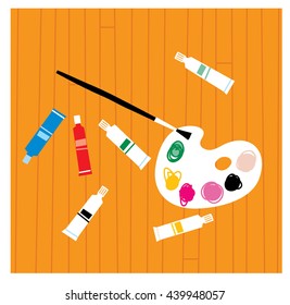Art Palette with colors tubes and brush on the floor icon. vector illustration