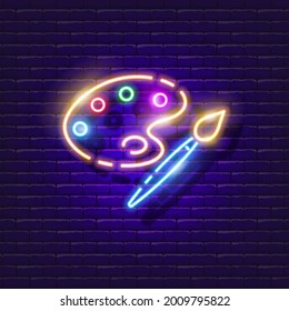 Art palette neon sign. Drawing lesson glowing icon. Vector illustration for design. Drawing concept.