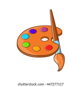 Art palette with paint brush icon in cartoon style on a white background