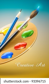 Art palette with paint brush and pencil tools for drawing vector illustration EPS10. Transparent objects used for shadows and lights drawing.