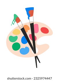 Art palette with paint brushes, dripping oil, gouache, color splashes. Flat modern vector illustration isolated on white background