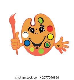 Art palette with paints and brush in cartoon style. Editable EPS