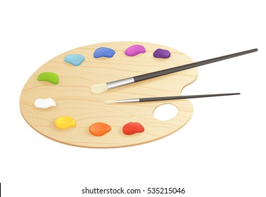 Art palette with paints and brushes isolated on white. Vector illustration