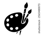 Art palette with paints and brushes. Vector black silhouette of an artistic palette isolated on a white background. Vector illustration. Hand-drawn illustration, not AI