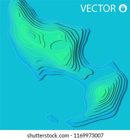 Art paper cut of topographic map. Pleasant colors of blue tone. Origami modern design. Vector illustration