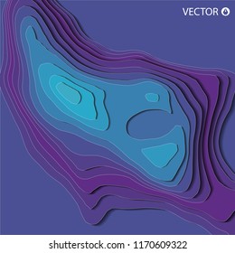 Art paper cut of topographic map. Pleasant colors of blue tone. Origami modern design. Vector illustration