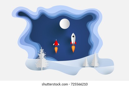 Art paper design with scenery in winter and snow. rockets are crossing the hill. posters and wallpaper or a beautiful background