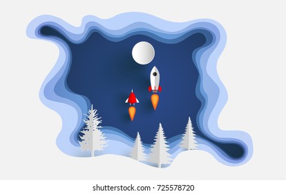 Art paper design with scenery in winter and snow. rockets are crossing the hill. posters and wallpaper or a beautiful background