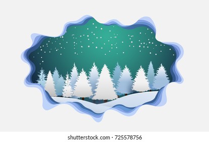 Art paper design with scenery in winter and snow. beautiful pine forest. posters and wallpaper or a beautiful background