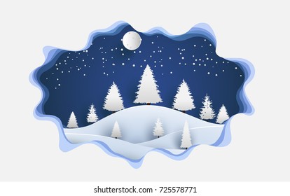 Art paper design with scenery in winter and snow. beautiful pine forest. posters and wallpaper or a beautiful background