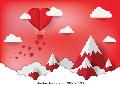 Art paper heart balloons fly on the mountain and spread a small heart in the sky. vector illustration. Wallpapers, leaflets, invitations, posters, brochures, banners. EPS 10