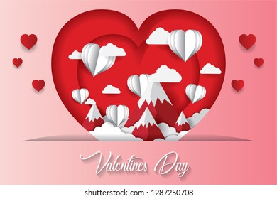 Art paper heart balloons fly on the mountain and spread a small heart in the sky. vector illustration. Wallpapers, leaflets, invitations, posters, brochures, banners. EPS 10