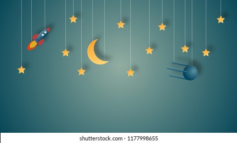 art paper illustration of space. Stars on threads