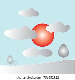 Art paper with mountain, sun and clouds.