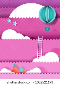 Art Paper of Pink  Sky Background Stars,Clouds , Stairway to the sky with a  paper balloon in concept Happy day , vector art and illustration.