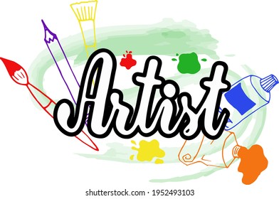 art paraphernalia, logo, paints, brushes, pencils, color image for design, flyers, banners, business cards, booklets, website