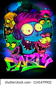 Art party poster design with monsters and zombies, hand drawn vector illustration