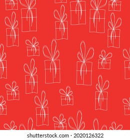 art pattern with boxes of gifts on a red background 