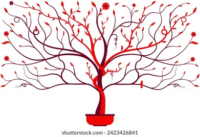 Art pattern, luxury wallpaper design red tree and vine with red flower. Vector illustration.