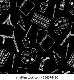 Art pattern with paints, brushes, pencils, paper and easel on black background. Vector illustration