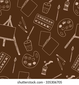 Art pattern with paints, brushes, pencils, paper and easel on brown background. Vector illustration