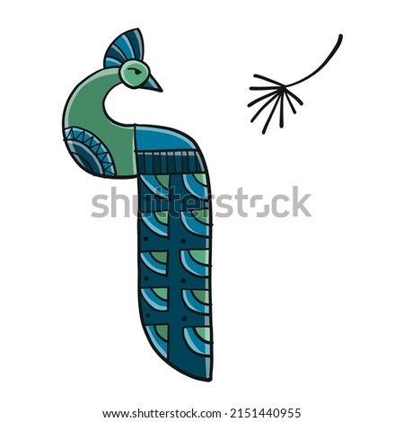 Art Peacock character isolated on white, sketch for your design