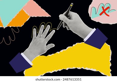 Art pen. Continuous line of hand contour. A woman's hand holds a pen and draws a thin line around the outline. Contemporary collage art, halftone style. Torn paper samples. Outlining the hand. Vector.