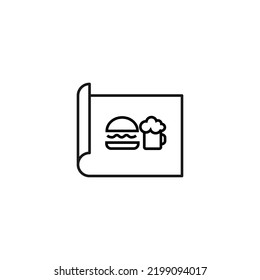 Art, picture, image concept. Simple monochrome isolated sign. Editable stroke. Vector line icon of burger and beer on paper sheet