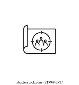 Art, picture, image concept. Simple monochrome isolated sign. Editable stroke. Vector line icon of people in target on paper sheet
