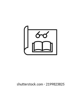 Art, picture, image concept. Simple monochrome isolated sign. Editable stroke. Vector line icon of glasses over book on paper sheet