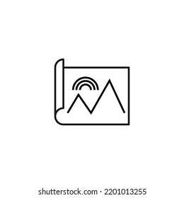 Art, picture, image concept. Simple monochrome isolated sign. Editable stroke. Vector line icon of rainbow over mountains on paper sheet