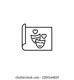 Arte, imagen, concepto de imagen. Simple señal aislada monocromática. Trazo editable. Icono de línea de vectores de corazones sobre máscara teatral en hoja de papel