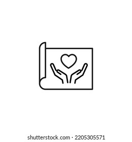 Art, picture, image concept. Simple monochrome isolated sign. Editable stroke. Vector line icon of heart over outstretched hands on paper sheet
