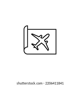 Art, picture, image concept. Simple monochrome isolated sign. Editable stroke. Vector line icon of airplane on paper sheet
