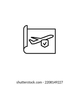 Art, picture, image concept. Simple monochrome isolated sign. Editable stroke. Vector line icon of checkmark by airplane on paper sheet
