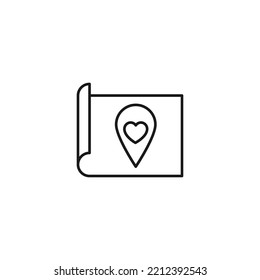 Arte, imagen, concepto de imagen. Simple señal aislada monocromática. Trazo editable. Icono de línea vector del corazón dentro de geotag en hoja de papel