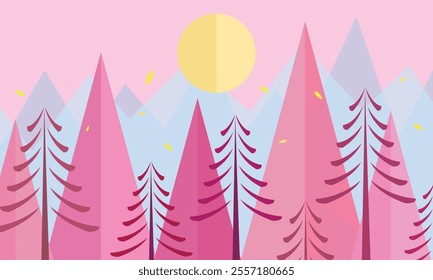 Art picture of nature, beautiful trees, pink tones