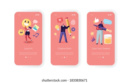 Art Platform Mobile App Page Onboard Screen Template. Tiny Characters with Huge Equipment for Creative Self-expression Paints, Brush, Pencil and Music Concept. Cartoon People Vector Illustration