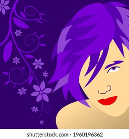 art portrait of an abstract girl with purple hair and scarlet lips on a textured floral elements on a dark background. author's work. vector