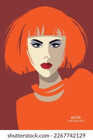 art portrait of beautiful young woman makeup face; fashion flat isolated vector; glamour girl model; illustration; red short hairstyle for the evening, wedding