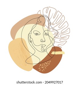 art portrait of a girl is face in one line on a background of boho elements in natural shades in vector for posters in light interiors and office supplies, clothes